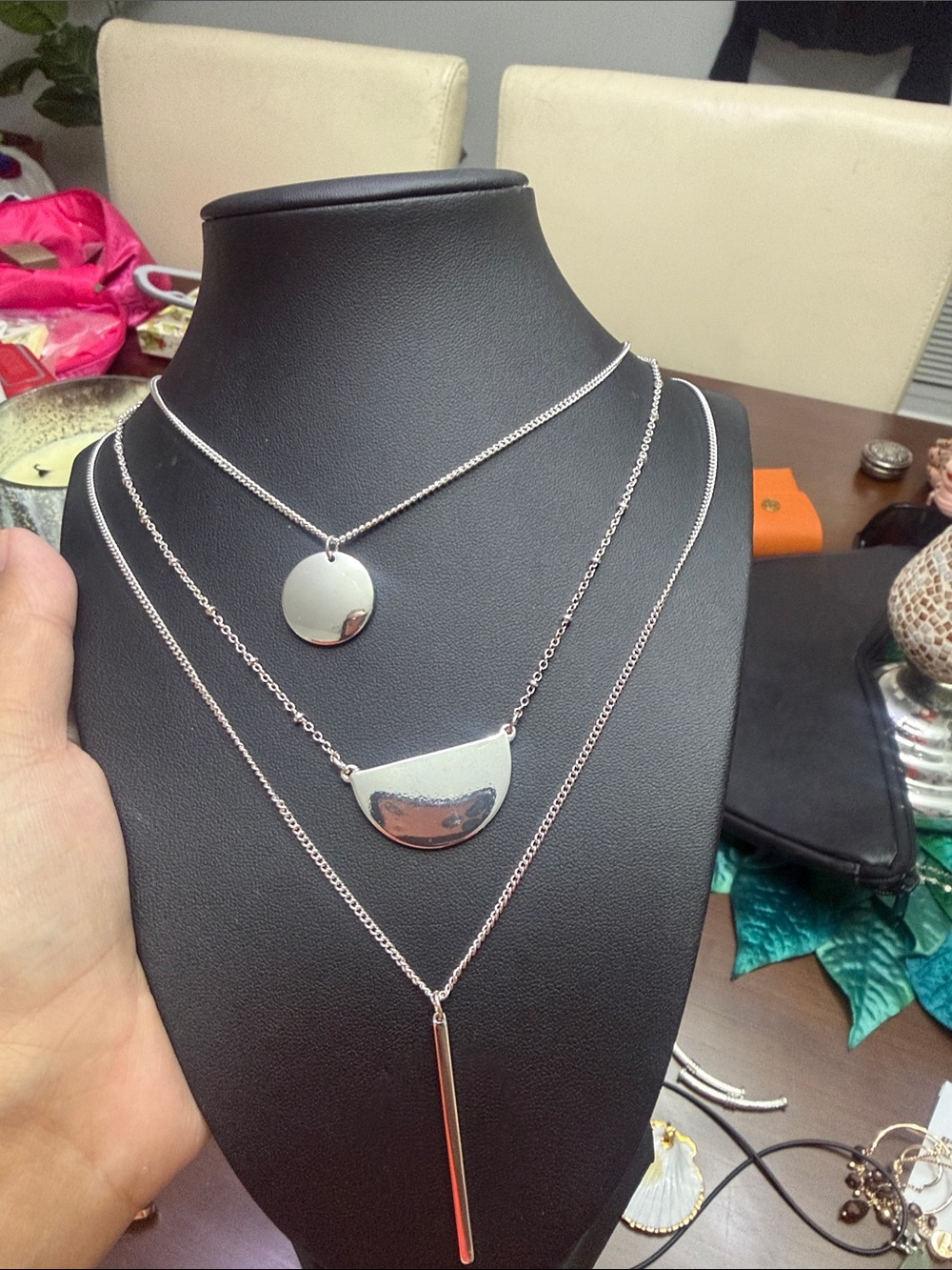 Source Unknown Silver-Tone Layered Disc, Crescent & Bar Necklace - Women Jewelry